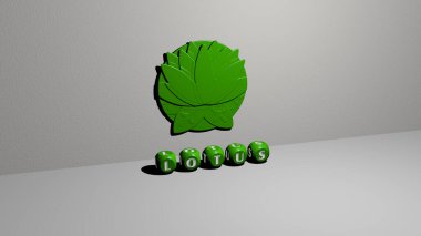 Lotus 'un dikey olarak üç boyutlu grafiksel görüntüsü ve üst perspektiften metalik kübik harflerle yapılmış metinler, konsept sunumu ve slayt gösterileri için mükemmel. Resim ve çiçek