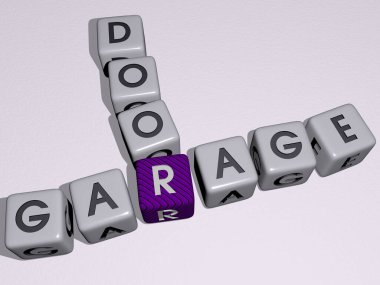 Üst perspektiften kübik harflerle inşa edilen GARAGE Kapısı kombinasyonu, konsept sunumu için mükemmel. araba ve resimleme