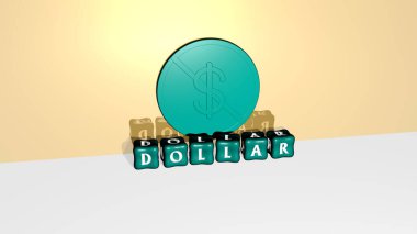 DOLLAR grafiklerinin 3D çizimi ve konsept ve sunumların ilgili anlamları için metalik zar harfleri tarafından yapılan metin. iş ve para