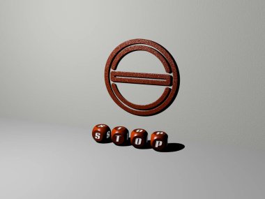 Duvarda bir simge ve ayna zemininde metalik kübik harflerle konsept ve slayt gösterisi sunumu için düzenlenmiş 3B durak simgesi. Resim ve imza