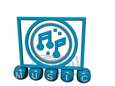 Konsept ve sunumların ilgili anlamları için metalik zar harfleri tarafından yapılan MÜZİK grafikleri ve metnin 3D çizimi. arkaplan ve tasarım