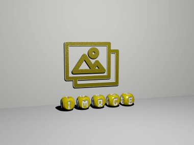 Duvarında simge olan IMAGE 'nin 3 boyutlu temsili ve kavram ve slayt gösterisi sunumu için ayna zemininde metalik kübik harflerle düzenlenmiş metin