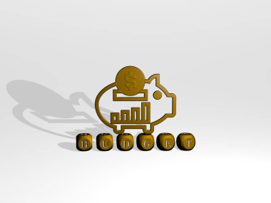 Duvarında ikon olan bütçenin 3 boyutlu temsili ve ayna zemininde konsept ve slayt gösterisi sunumu için metalik kübik harflerle düzenlenmiş metin. iş ve banka