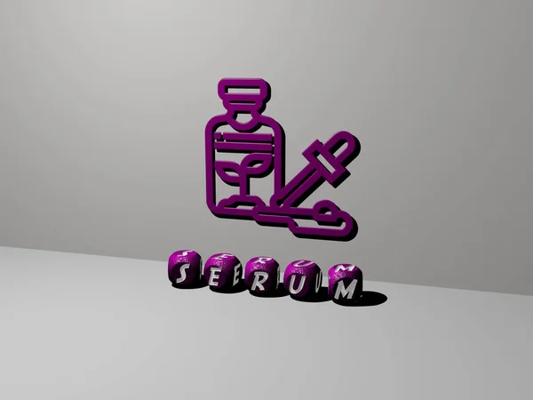 从顶部看 Serum的3D图形图像与用金属立方体字母构建的文本垂直地结合在一起 非常适合概念演示和滑行 护理和化妆品 — 图库照片