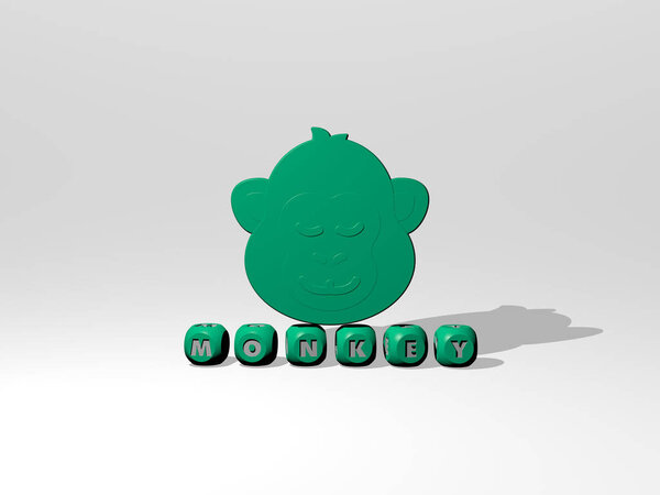3D иллюстрация MONKEY графики и текста, сделанные металлическими буквами кубиков для соответствующих значений концепции и презентаций. животное и фон