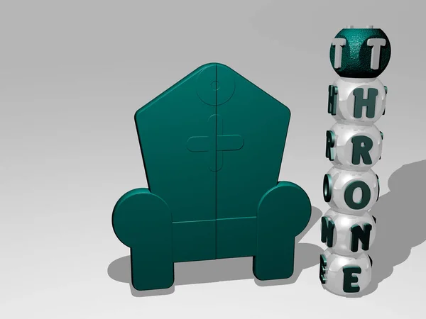 3D graphical image of throne vertically along with text built around the icon by metallic cubic letters from the top perspective. excellent for the concept presentation and slideshows. illustration and ancient