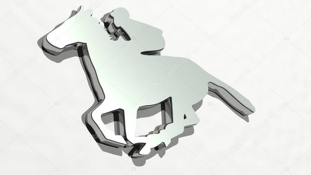 horse riding made by 3D illustration of a shiny metallic sculpture on a wall with light background. animal and beautiful