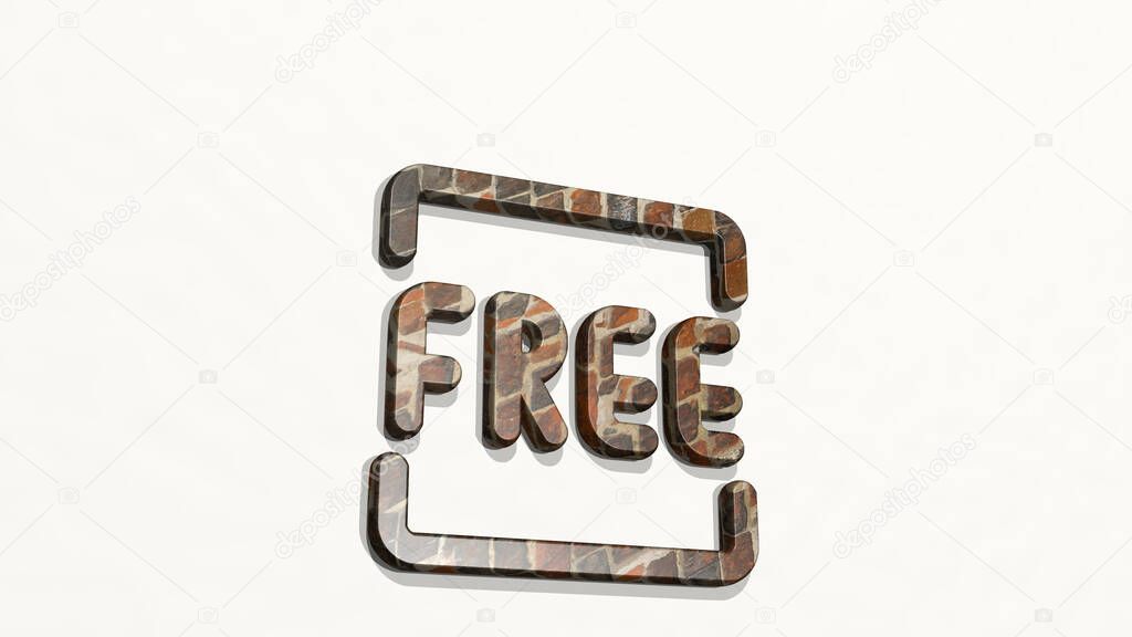 TAG FREE from a perspective on the wall. A thick sculpture made of metallic materials of 3D rendering. illustration and sign