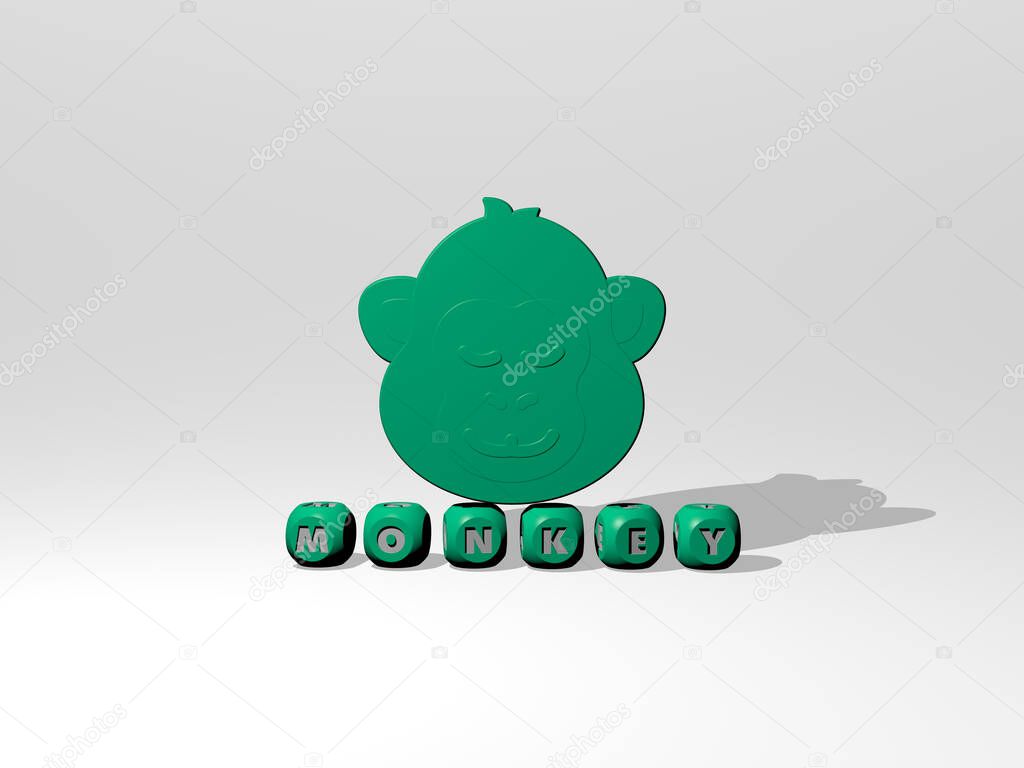 3D illustration of monkey graphics and text made by metallic dice letters for the related meanings of the concept and presentations. animal and background