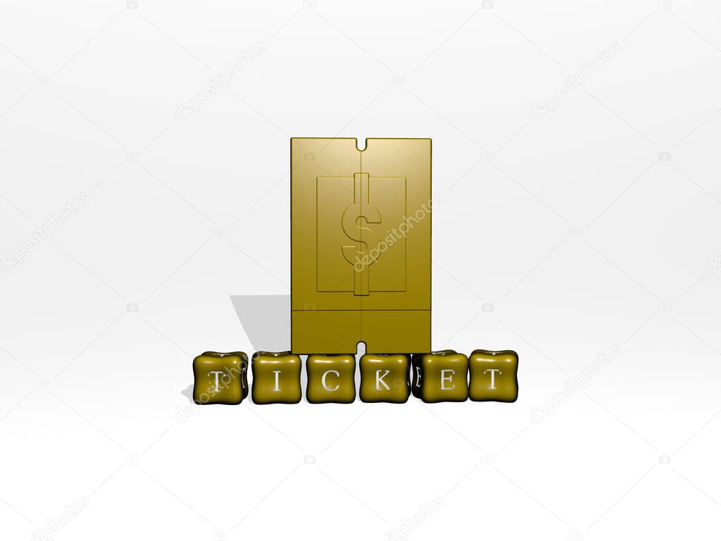 3D representation of ticket with icon on the wall and text arranged by metallic cubic letters on a mirror floor for concept meaning and slideshow presentation. illustration and background