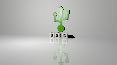 Konsept ve sunumların ilgili anlamları için metalik zar harfleri tarafından yapılan USB grafikleri ve metnin 3 boyutlu çizimi. arkaplan ve bilgisayar