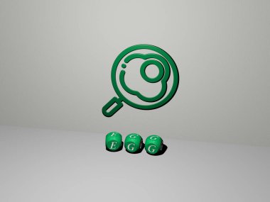 EGG 'nin dikey olarak 3D grafiksel görüntüsü ve üst perspektiften metalik kübik harflerle oluşturulan metin, konsept sunumu ve slayt gösterileri için mükemmel. arkaplan ve Paskalya