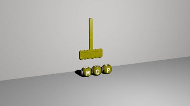 MOP 'nin dikey olarak 3D grafiksel görüntüsü, üst perspektiften metalik kübik harflerle oluşturulan metinlerle birlikte, konsept sunumu ve slayt gösterileri için mükemmel. temizlik ve temizlik