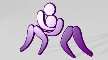 Erkekler gölgelerle bir perspektiften güreşiyor. Üç boyutlu metalik malzemelerden yapılmış kalın bir heykel. çift ve genç