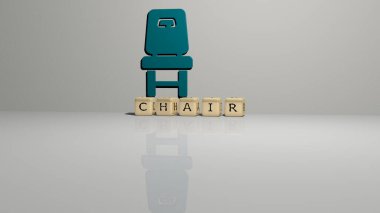 Sandalyenin dikey olarak üç boyutlu grafiksel görüntüsü ve üst perspektiften metalik kübik harflerle yapılmış metinler, konsept sunumu ve slayt gösterileri için mükemmel. Resim ve arkaplan