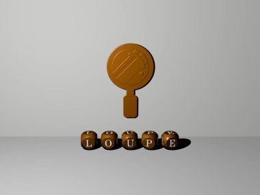 LOUPE grafiklerinin 3 boyutlu çizimi ve konsept ve sunumların ilgili anlamları için metalik zar harflerinin oluşturduğu metin. cam ve büyüteç