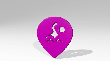 Üç boyutlu stil pinli yüzme, arka planda gölgesi olan parlak metalik bir heykelin üç boyutlu resmedilmesi. tasarım ve simge