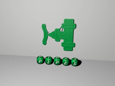 PIPES 'in 3 boyutlu tasviri, duvarında simge ve ayna zemininde metalik kübik harflerle konsept ve slayt gösterisi sunumu için düzenlenmiş metin. inşaat ve sanayi