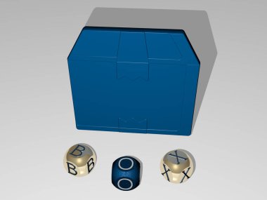 En üst perspektiften metalik kübik harflerle simge etrafında oluşturulan metinle birlikte kutunun dikey olarak 3D grafik görüntüsü, konsept sunumu ve slayt gösterileri için mükemmel. arkaplan