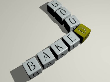 Tatlıların bulmacaları: Ayna zemininde kübik harflerle hazırlanmış iyi pişmiş, kavram anlamı ve sunum. arka plan ve lezzetli