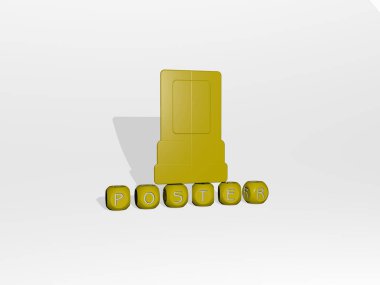 POSTER grafiklerinin 3 boyutlu çizimi ve bu kavramın ve sunumların ilgili anlamları için metalik zar harflerinin oluşturduğu metin. arkaplan ve tasarım