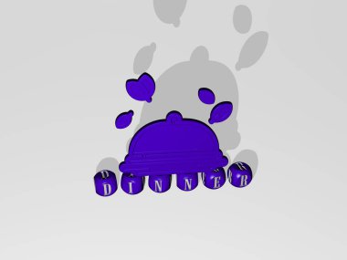 Yemeğin dikey olarak üç boyutlu grafiksel görüntüsü ve üst perspektiften metalik kübik harflerle oluşturulan metinler, konsept sunum ve slayt gösterileri için mükemmel. yiyecek ve arkaplan