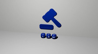 LAW 'ın dikey olarak üç boyutlu grafiksel görüntüsü ve üst perspektiften metalik kübik harflerle oluşturulan metinler, konsept sunumu ve slayt gösterileri için mükemmel. İllüstrasyon ve adalet