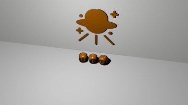 Üst perspektiften metalik kübik harflerle oluşturulan UFO 'nun dikey olarak üç boyutlu grafiksel görüntüsü, konsept sunumu ve slayt gösterileri için mükemmel. Resim ve uzaylı