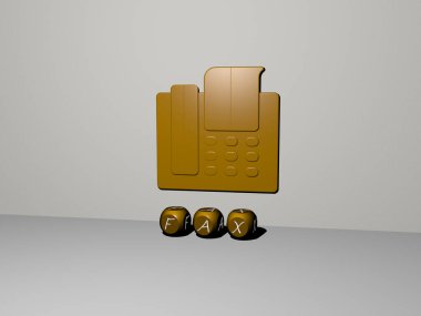 Faks 'ın dikey olarak 3D grafiksel görüntüsü, üst perspektiften metalik kübik harflerle oluşturulan metinlerle birlikte, konsept sunumu ve slayt gösterileri için mükemmel. resimleme ve iş