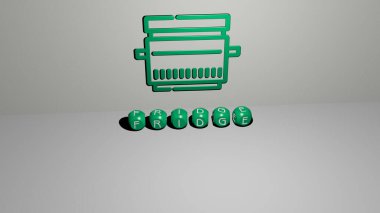 Buzdolabının dikey olarak üç boyutlu grafiksel görüntüsü ve üst perspektiften metalik kübik harflerle yapılmış metinler, konsept sunum ve slayt gösterileri için mükemmel. İllüstrasyon ve çizgi film