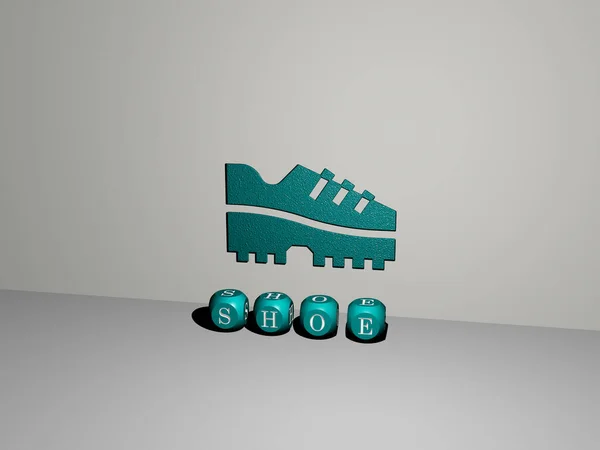 Представление Обуви Иконкой Стене Текстом Упорядоченным Металлическими Кубическими Буквами Зеркальном — стоковое фото