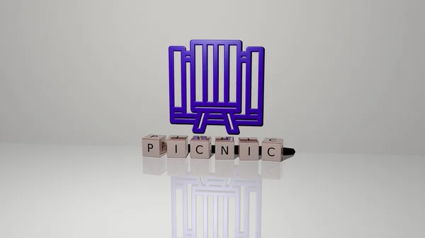 3D representation of PICNIC with icon on the wall and text arranged by metallic cubic letters on a mirror floor for concept meaning and slideshow presentation. background and food