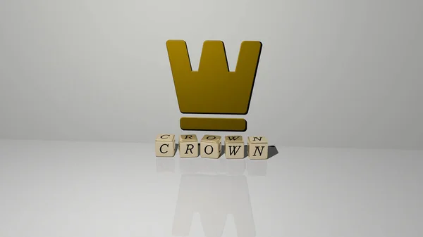 Crown的3D表示 墙壁上有图标 文本用金属立方体字母排列在镜面 用于概念意义和幻灯片演示 图解和背景 — 图库照片