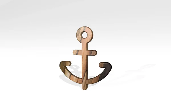 Anchor Casting Shadow Perspective Thick Sculpture Made Metallic Materials Rendering — Stock Photo, Image