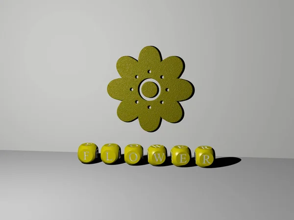 3D illustration of FLOWER graphics and text made by metallic dice letters for the related meanings of the concept and presentations. background and beautiful