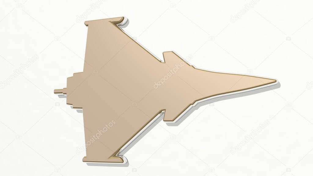 flying aeroplane made by 3D illustration of a shiny metallic sculpture on a wall with light background. blue and air