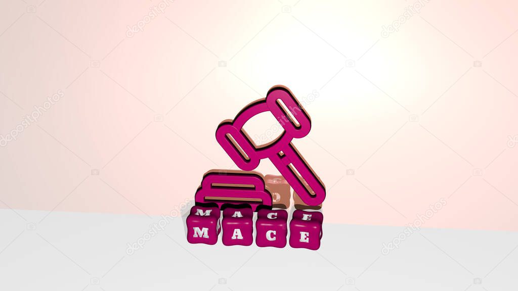 3D representation of MACE with icon on the wall and text arranged by metallic cubic letters on a mirror floor for concept meaning and slideshow presentation. illustration and background