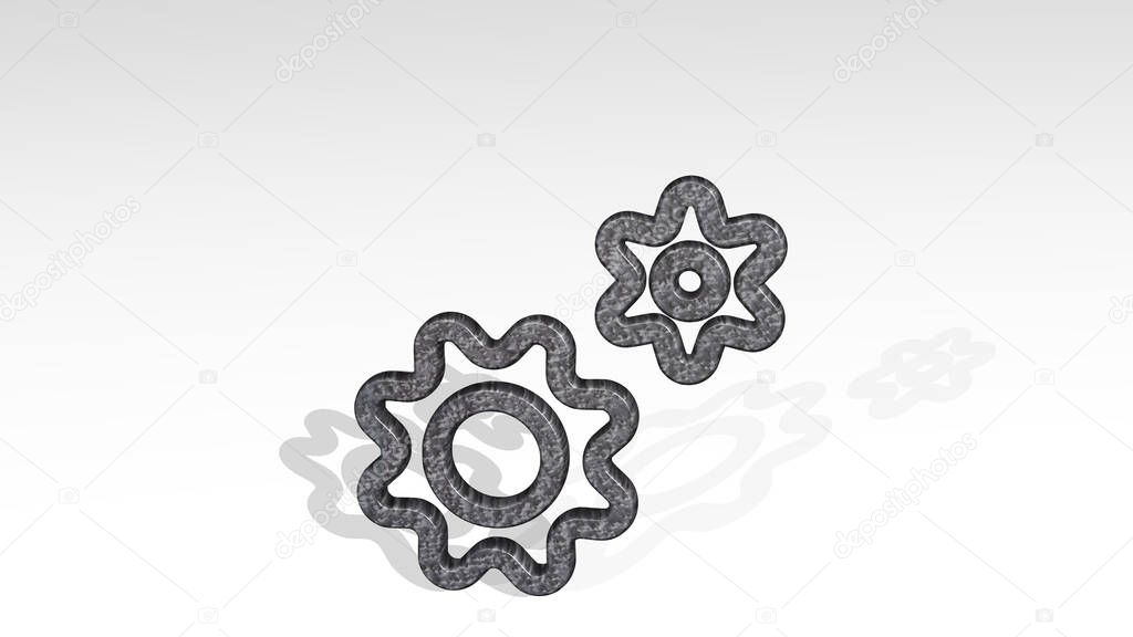 COG DOUBLE made by 3D illustration of a shiny metallic sculpture casting shadow on light background. gear and cogwheel