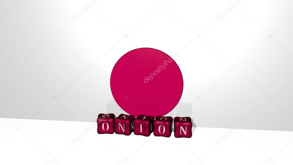 3D illustration of onion graphics and text made by metallic dice letters for the related meanings of the concept and presentations. background and food