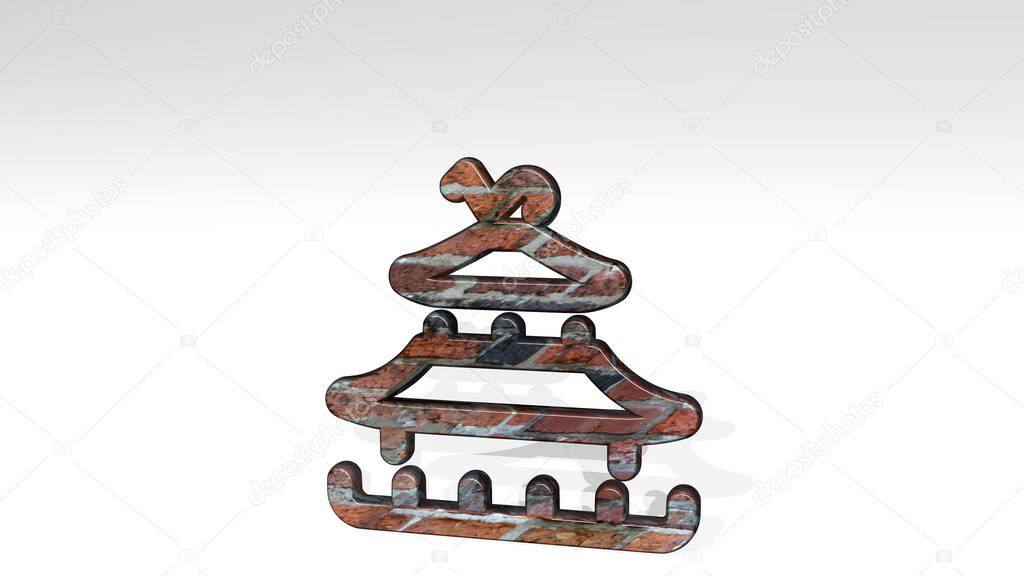 landmark chinese pagoda made by 3D illustration of a shiny metallic sculpture casting shadow on light background. architecture and city
