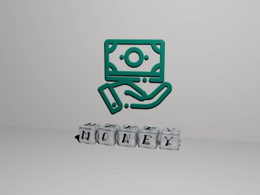 Paranın dikey olarak üç boyutlu grafiksel görüntüsü ve üst perspektiften metalik kübik harflerle yapılmış metinler, konsept sunumu ve slayt gösterileri için mükemmel. resimleme ve iş