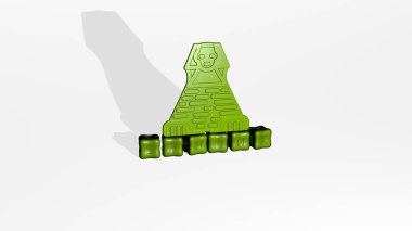 Sfenksin dikey olarak 3B grafiksel görüntüsü, üst perspektiften metalik kübik harflerle oluşturulan metinlerle birlikte, konsept sunumu ve slayt gösterileri için mükemmel. Mısır ve Eski