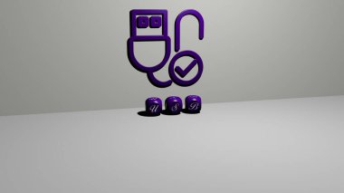 Duvarında simge olan USB 'nin 3 boyutlu temsili ve ayna zemininde konsept ve slayt gösterisi sunumu için metalik kübik harflerle düzenlenmiş metin. Resim ve arkaplan