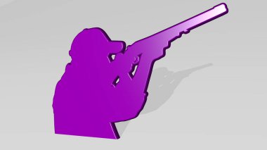 Gölgeyle bakış açısına göre silah. Üç boyutlu metalik malzemelerden yapılmış kalın bir heykel. Resim ve arkaplan