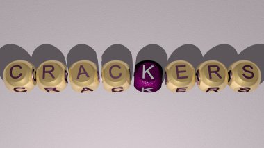 Ayna zemininde kübik harflerle düzenlenmiş CRACKERS bulmacaları, kavram anlamı ve sunum. arkaplan ve peynir