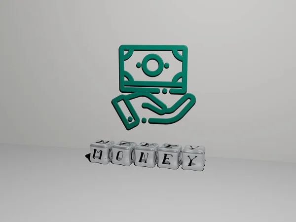 3D graphical image of money vertically along with text built by metallic cubic letters from the top perspective, excellent for the concept presentation and slideshows. illustration and business