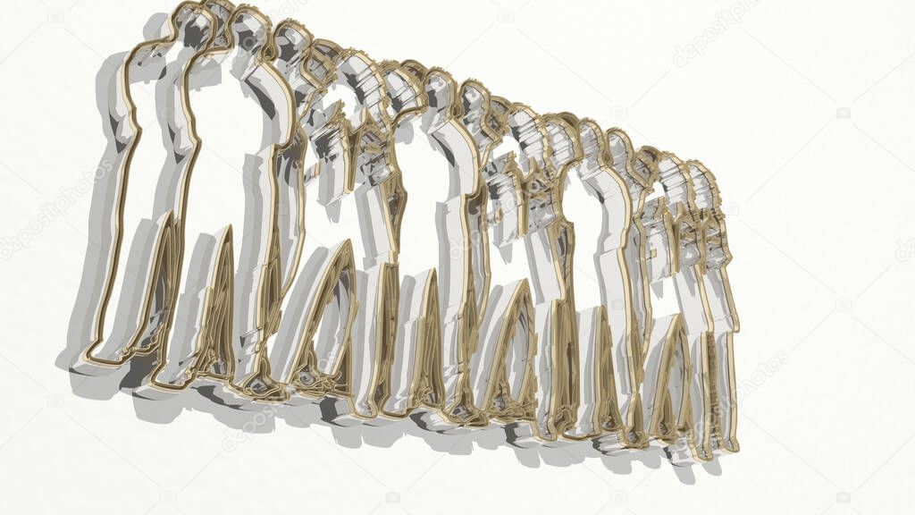 huge crowd standing together from a perspective on the wall. A thick sculpture made of metallic materials of 3D rendering. background and illustration