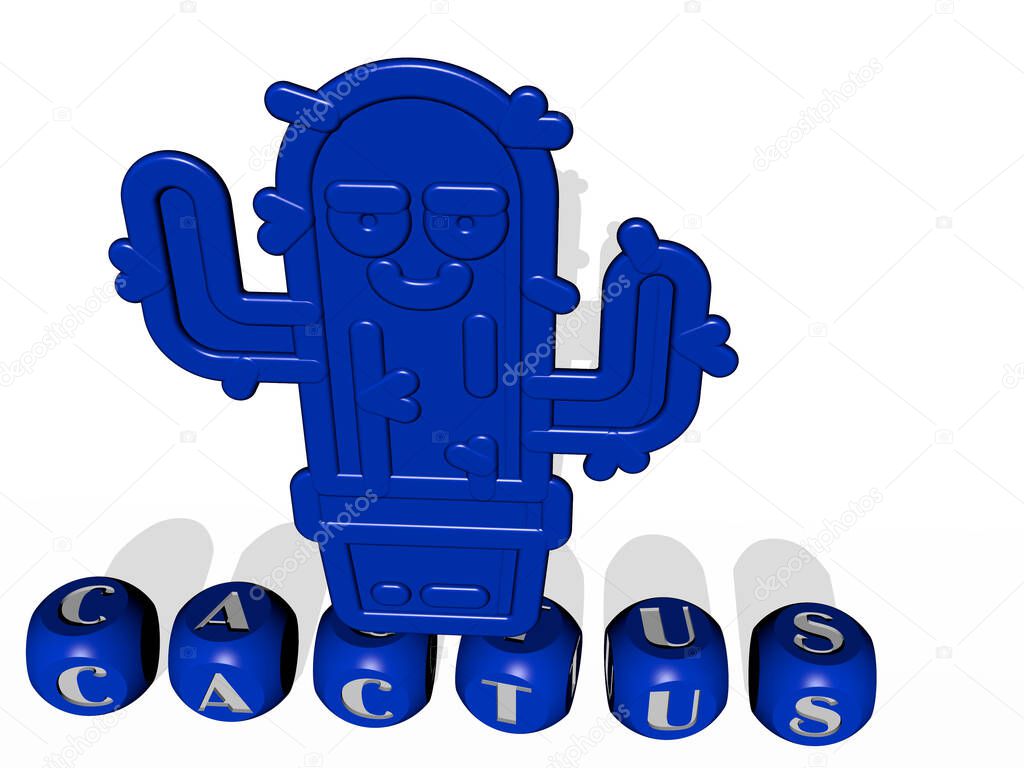 3D illustration of cactus graphics and text made by metallic dice letters for the related meanings of the concept and presentations. background and green