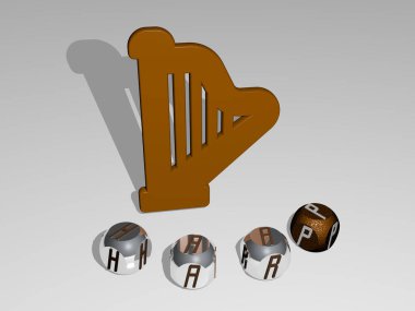 Konsept ve sunumların ilgili anlamları için metalik zar harflerinin oluşturduğu ikonun etrafına arp grafikleri ve metnin üç boyutlu çizimi. müzik ve müzik