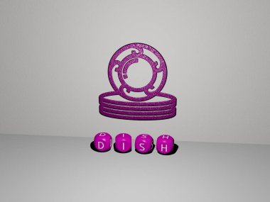 Konsept ve sunumların ilgili anlamları için metalik zar harflerinin oluşturduğu çanak grafikleri ve metnin 3D çizimi. yiyecek ve arkaplan